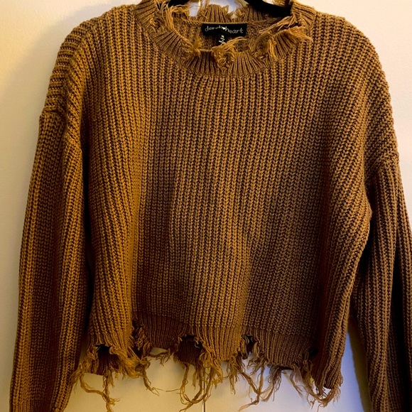 Distressed-Trim Sweater -Taupe - Picture 1 of 2